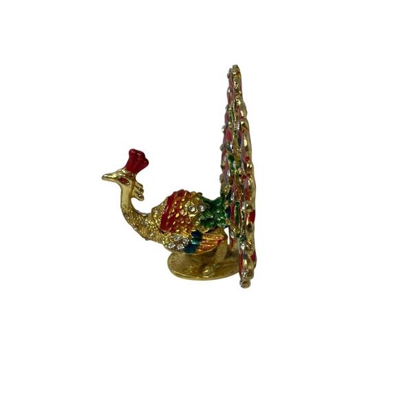 Jeweled Enamel Metal Peacock Trinket Box with Hidden Compartment Vintage - Picture 4 of 5